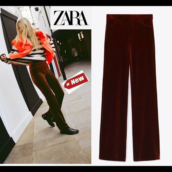 ZARA brown velvet flared high waisted pants Sz S NWT